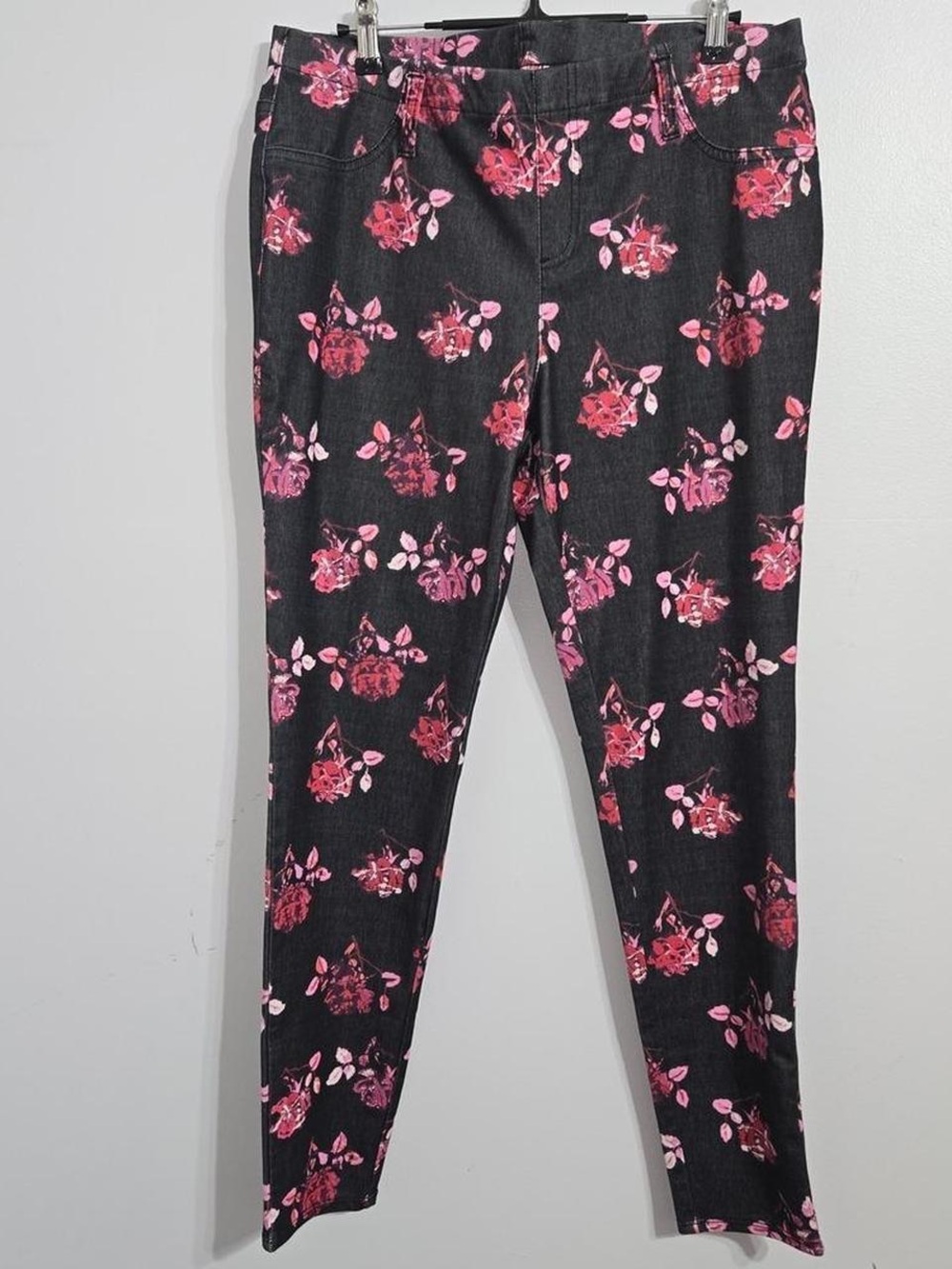 Faded Glory Black Skinny Denim Pants with Pink Floral Print XL